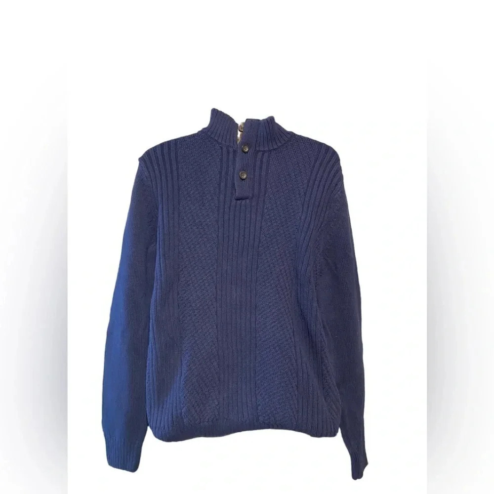 Men’s Chaps Navy Blue Cable Knit 1/4 Burton Down Sweater with Elbow Patc…